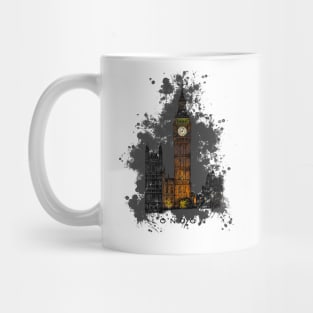 Big Ben with splatter, Tower of London at night, England. Mug